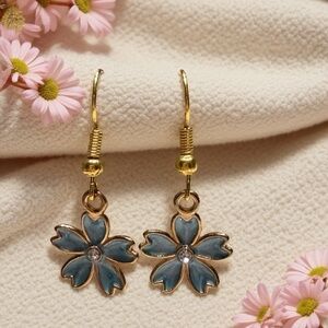 Handcrafted Gold and Gray/Blue Floral Earrings